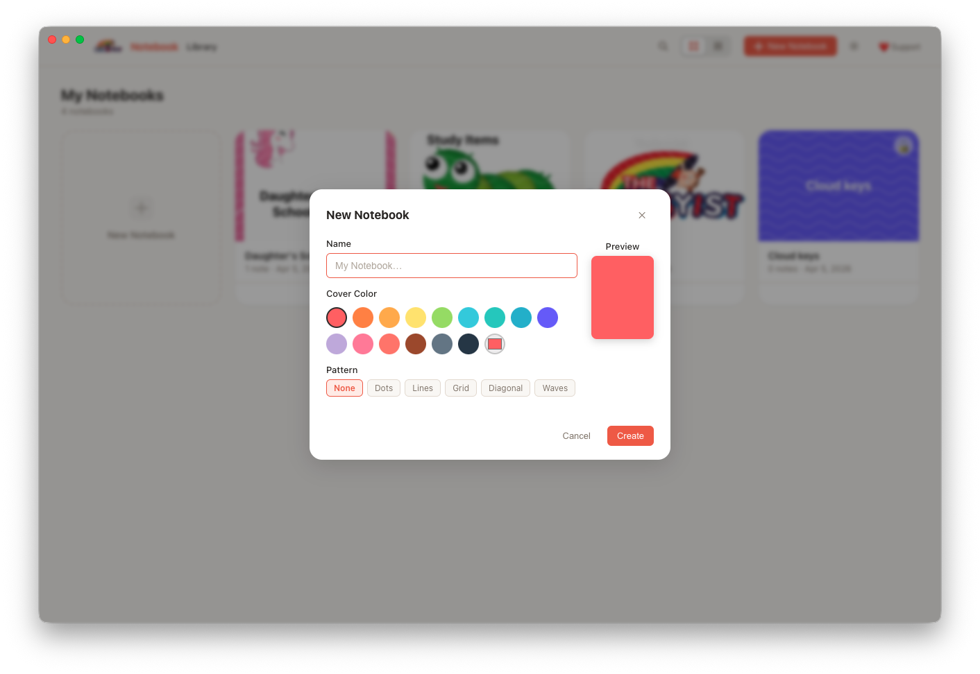 Creating a new notebook in Cabinote — choose a name and cover colour