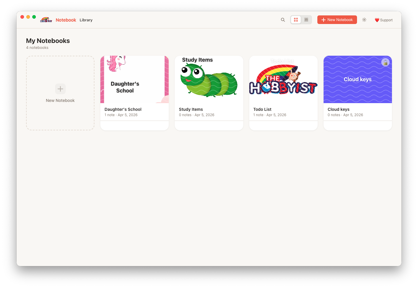 Cabinote — library view showing all notebooks as colourful book covers
