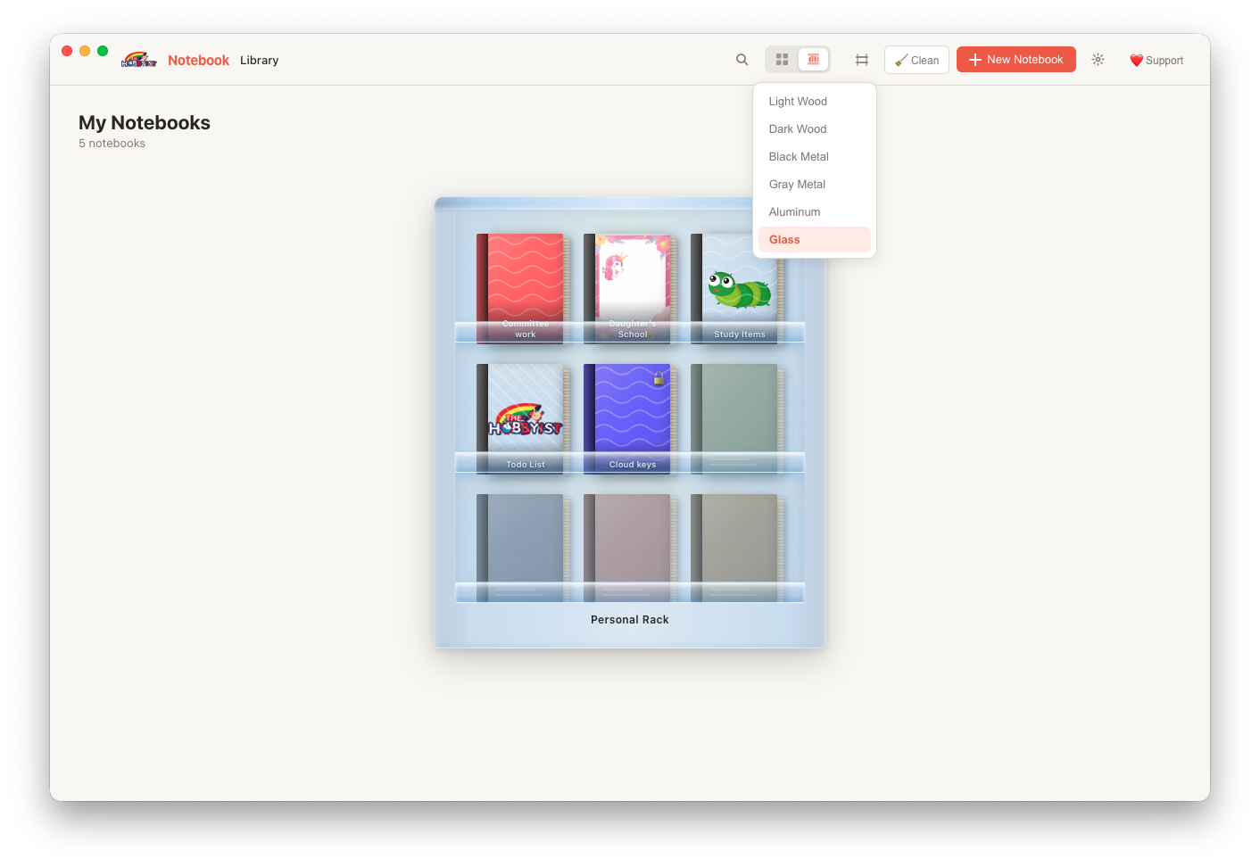 Cabinote — 3D bookshelf rack view with theme selector showing Light Wood, Dark Wood, Metal, and Glass options