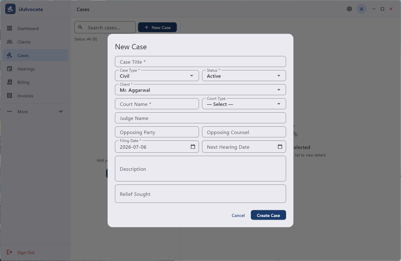 Adding a New Case in iAdvocate
