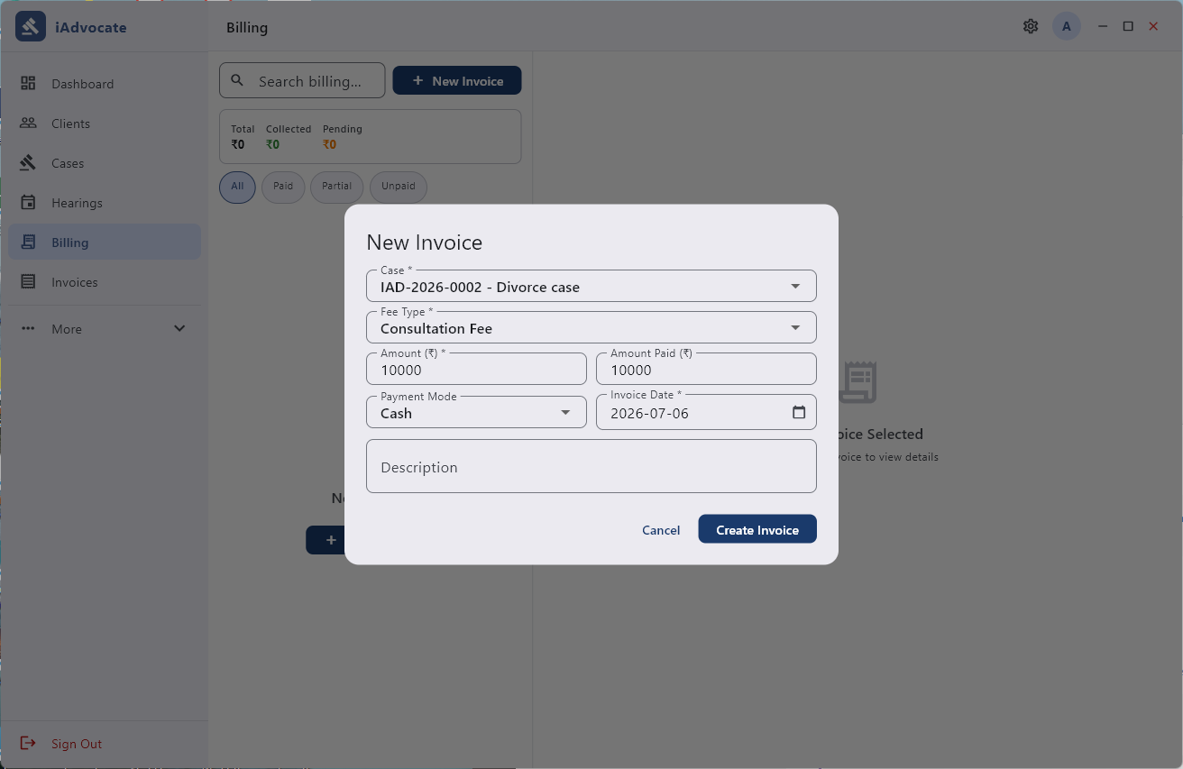 Creating an Invoice in iAdvocate