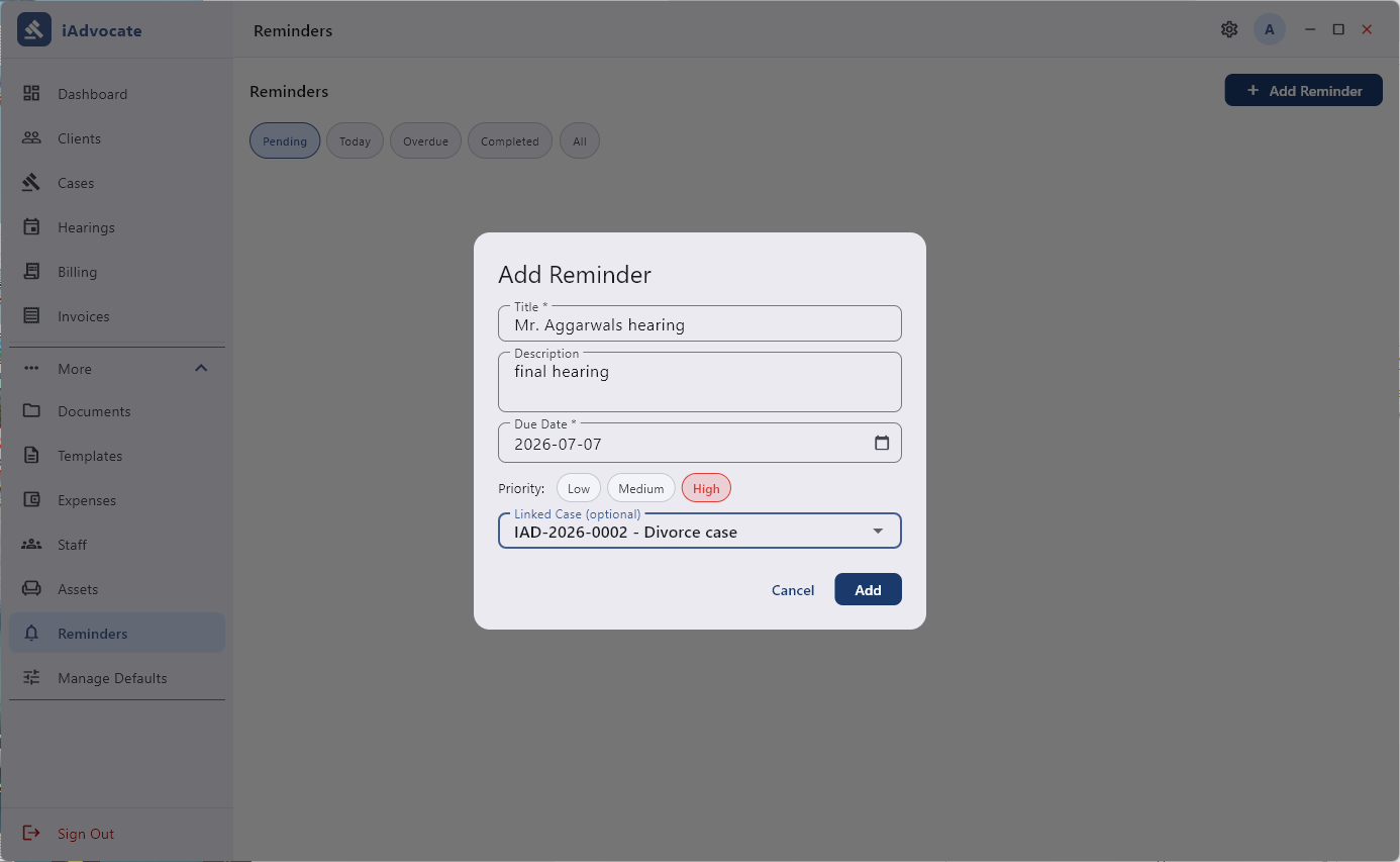 Reminders in iAdvocate